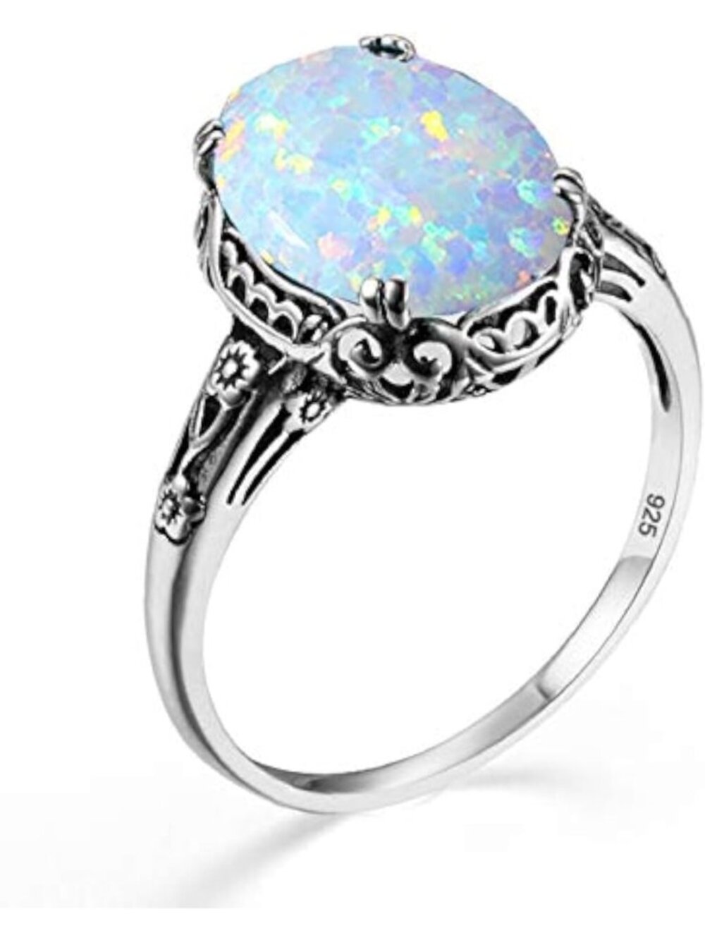 Elegant White Opal Sterling Silver Ring for Women - Floral Antique Filigree